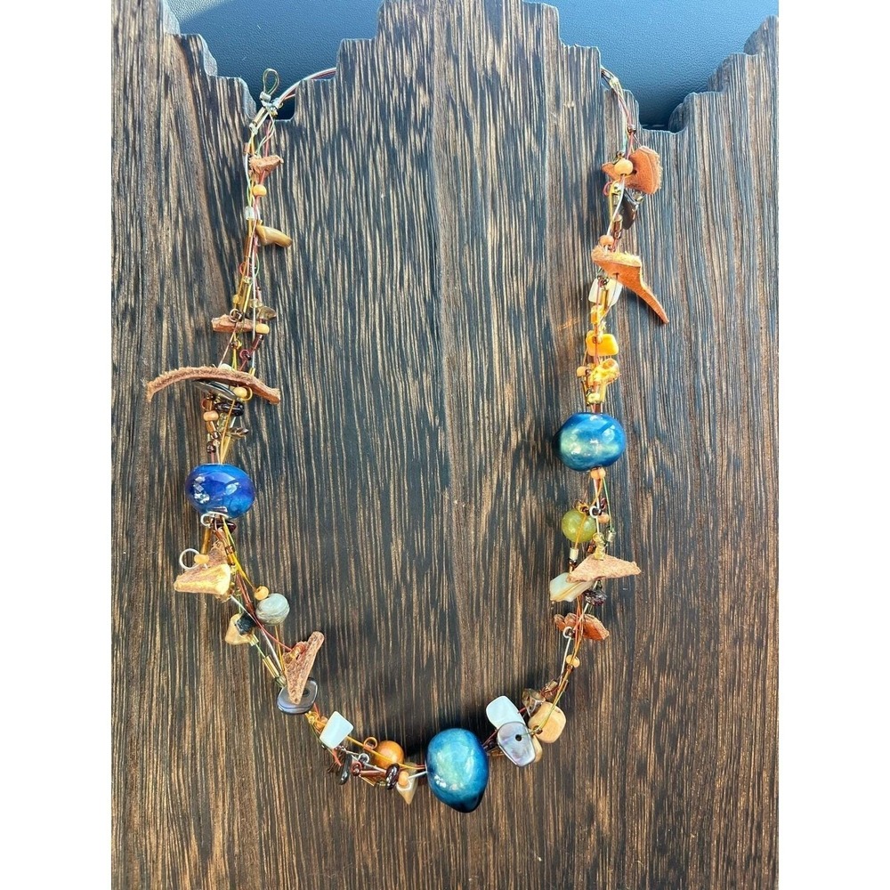 Handmade‎ Leather Glass Wire Necklace Womens OS Blue Boho Festival Beaded